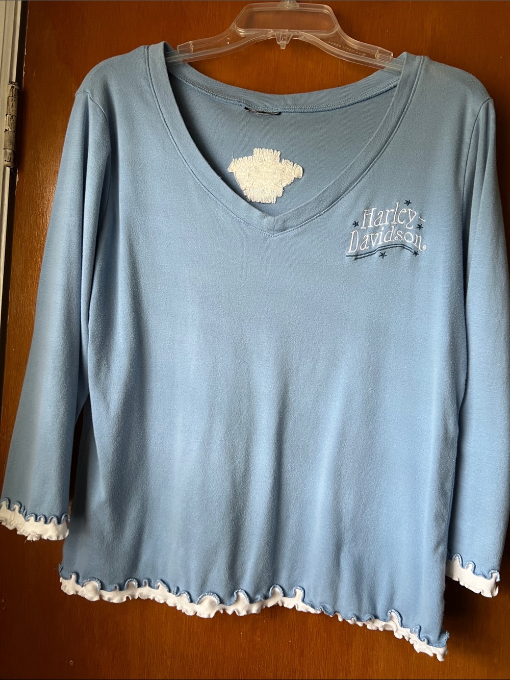 Harley-Davidson Powder Blue V-Neck Long Sleeve Top with White Trim